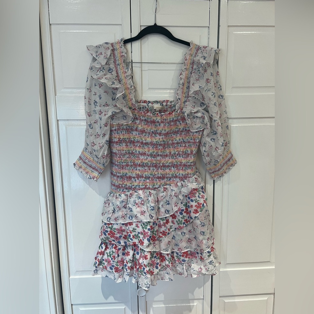 EUC Loveshackfancy Tiered Golden Mini Dress in Multi Cream Symphony - Picture 4 of 7